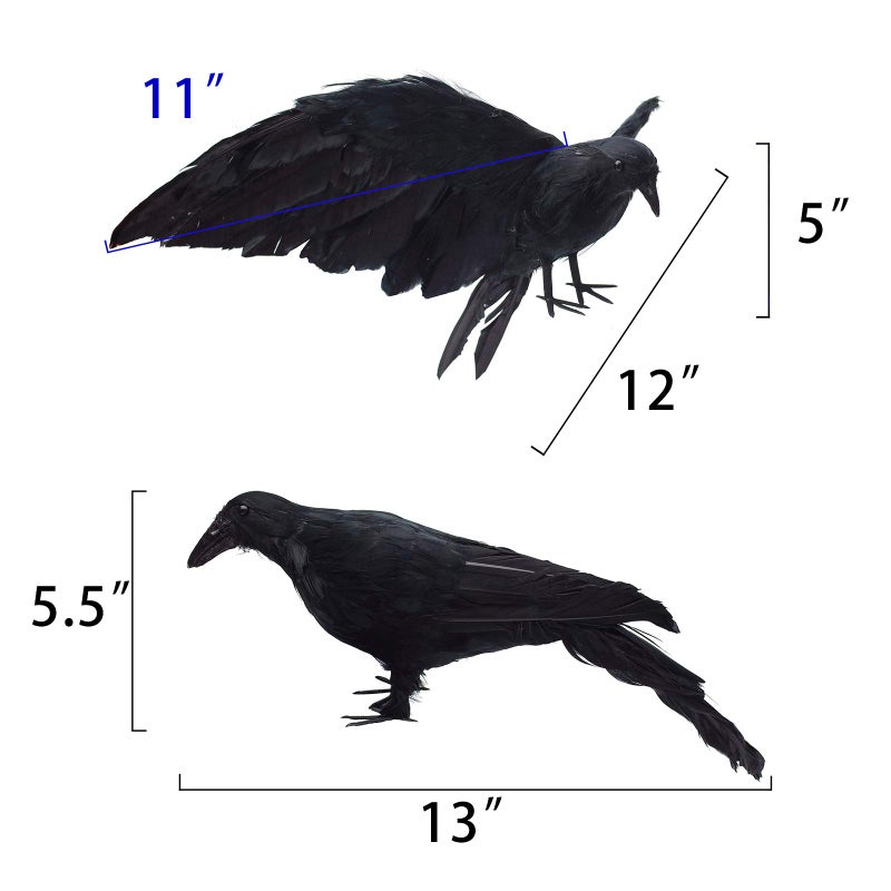 Etistta 2-Pack Realistic Crows Lifesize Extra Large Handmade Black Feathered Crow for Halloween Decorations Birds, L (13 inch+12 inch) - Image 2
